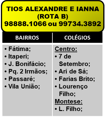 Tio Alexandre e Tia Ianna - Rota B. Telefones: 98888-1066 ou 98102-1066.
Bairros: Fátima, Itaperi, Jardim Bonifácio, Parque 2 Irmãos, Passaré, Vila União.
Colégios: 7 de Setembro (Centro), Ari de Sá (Centro), Farias Brito (Centro), Lourenço Filho (Centro), Lourenço Filho (Montese).